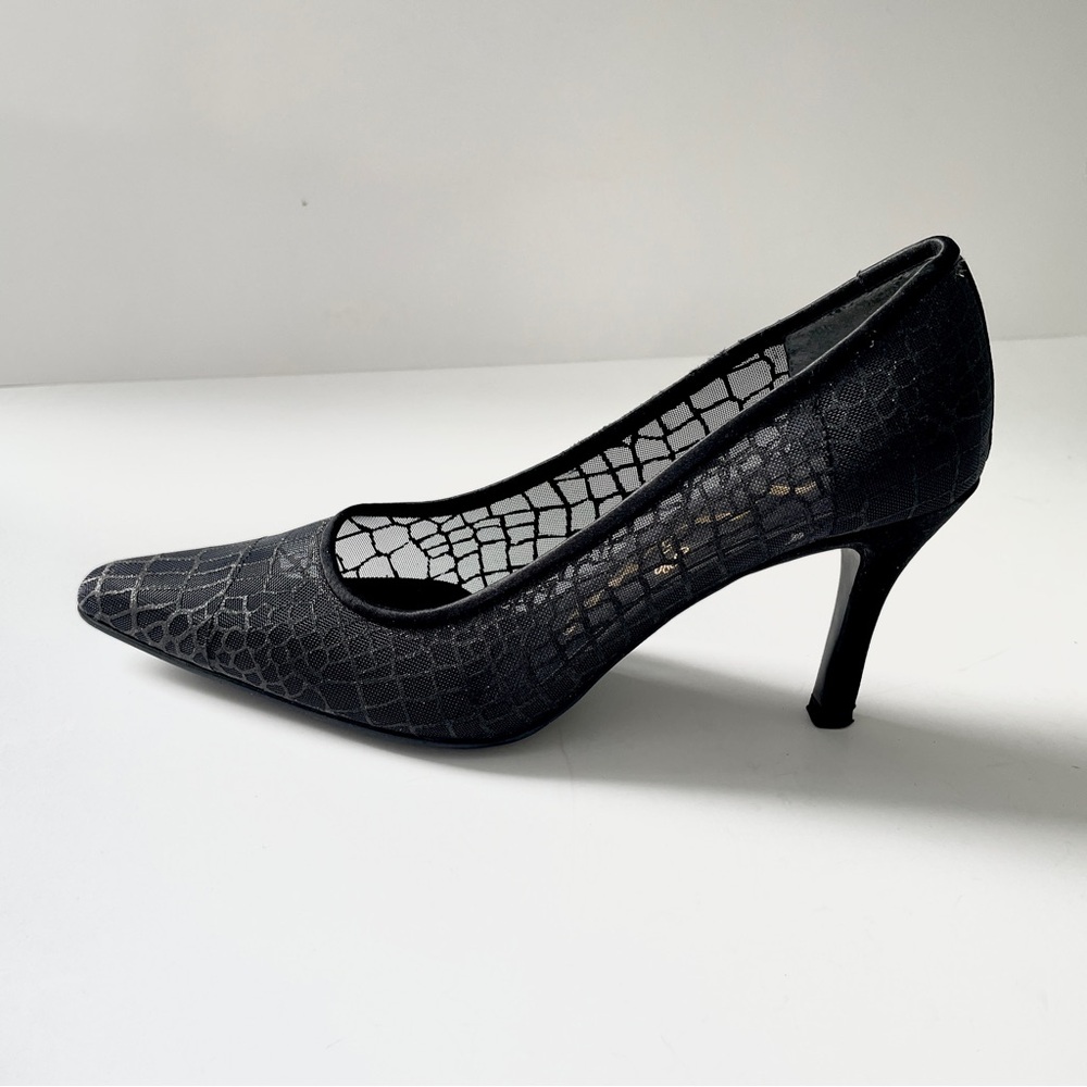 NINA Y2K Black Faux Crocodile Mesh Pointed Toe Pump 3” Heel Glitter Dress Shoe